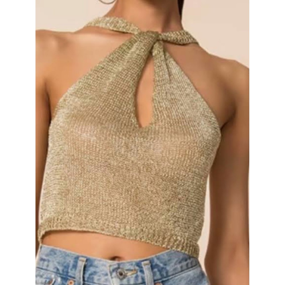 Superdown Gold Metallic Knit Halter Top Disco Queen 70s Keyhole Neck Cropped NWT